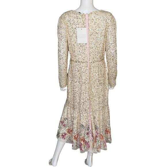 Mac Duggal Gold Multicolor Faux Wrap Long Sleeve Tea Length Dress Women’s Sz 12 - Picture 6 of 8